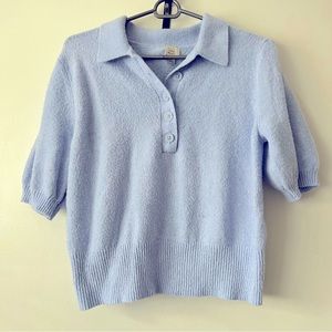 Collared Balloon Sleeve Sweater Blouse - short sleeve quarter button